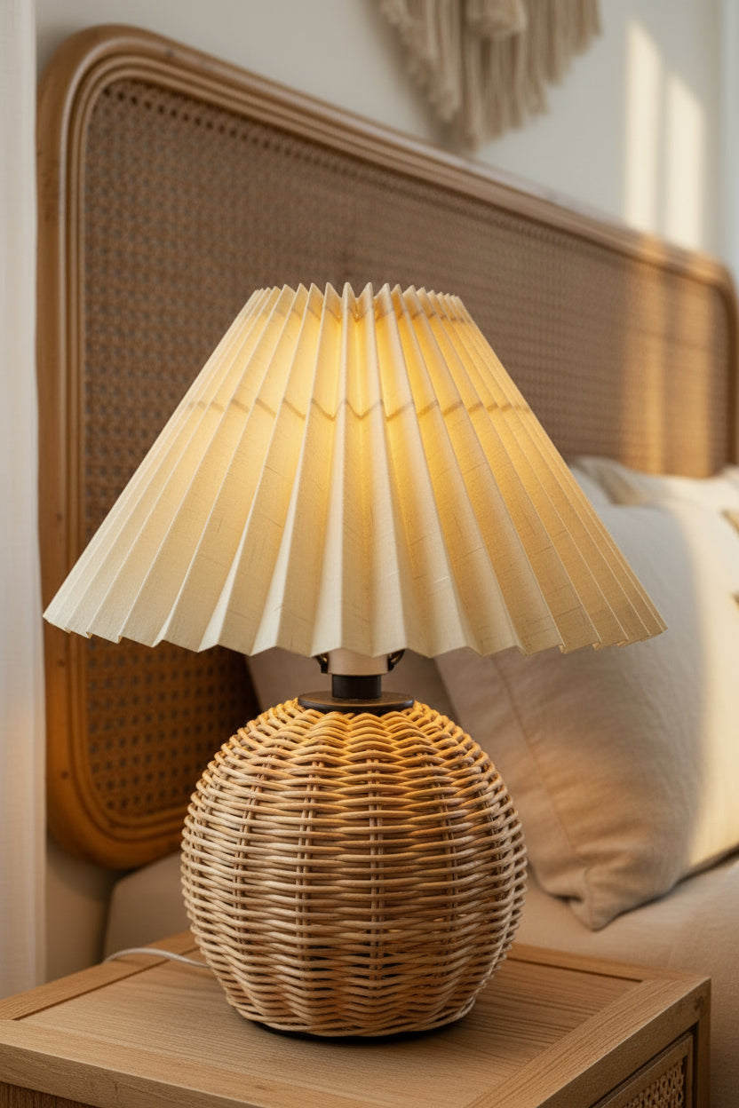 Nachttischlampe Rattan Plissee