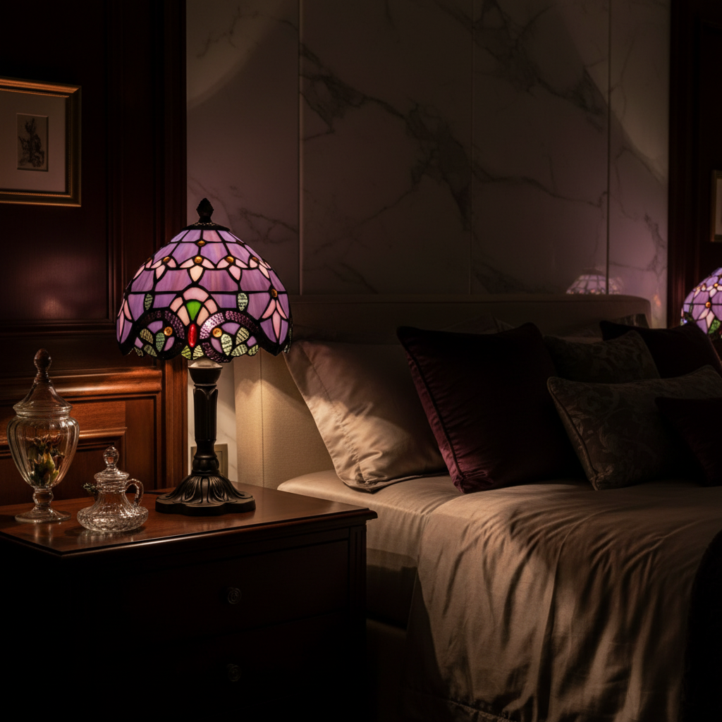 Nachttischlampe Vintage Buntglas Violett – Produktansicht 3