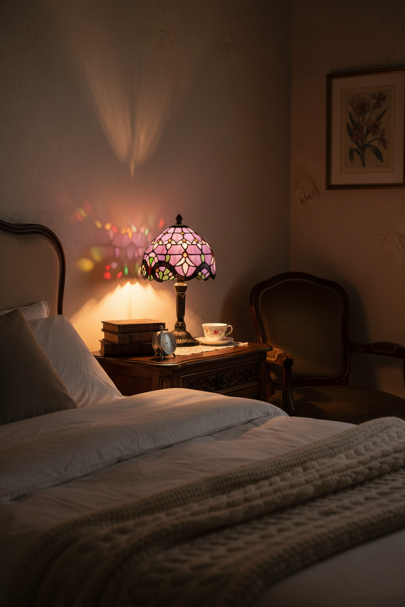 Nachttischlampe Vintage Buntglas Violett – Produktansicht 4